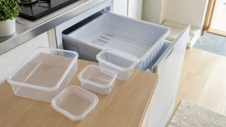 小さい冷凍庫に保存容器が入る数を確認している様子