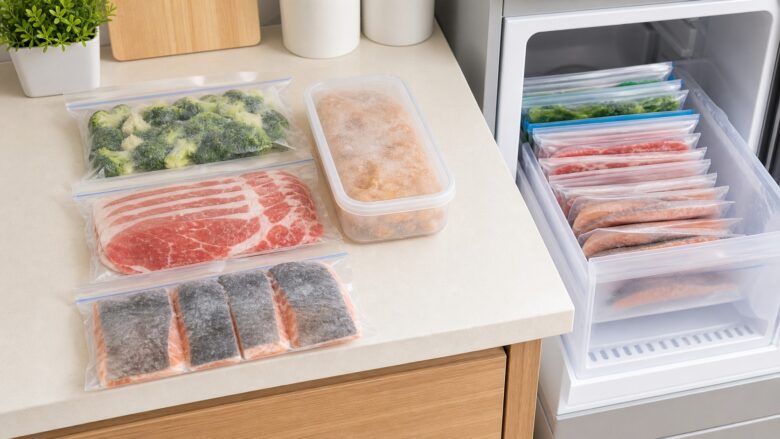 肉や野菜をフリーザーバッグで薄く冷凍保存する様子