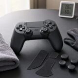 手汗で滑るゲームコントローラーとグリップシール、スティックキャップ、ゲーミンググローブのイメージ