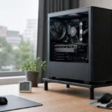 梅雨のゲーム部屋で、床から浮かせたゲーミングPCと温湿度計、除湿機、掃除道具を置いた湿気対策イメージ