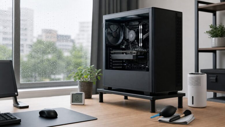 梅雨のゲーム部屋で、床から浮かせたゲーミングPCと温湿度計、除湿機、掃除道具を置いた湿気対策イメージ
