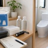 マンション停電時のトイレ対策として非常用トイレ袋、水、ライト、チェックリストを清潔に並べた防災用品の写真風アイキャッチ
