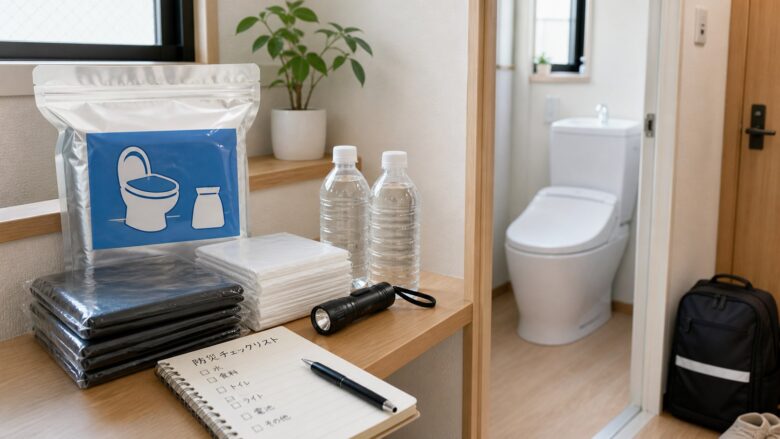 マンション停電時のトイレ対策として非常用トイレ袋、水、ライト、チェックリストを清潔に並べた防災用品の写真風アイキャッチ