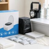 清潔な非常用携帯トイレセット、凝固剤、処理袋、手袋、防災用品を並べた商品写真風アイキャッチ